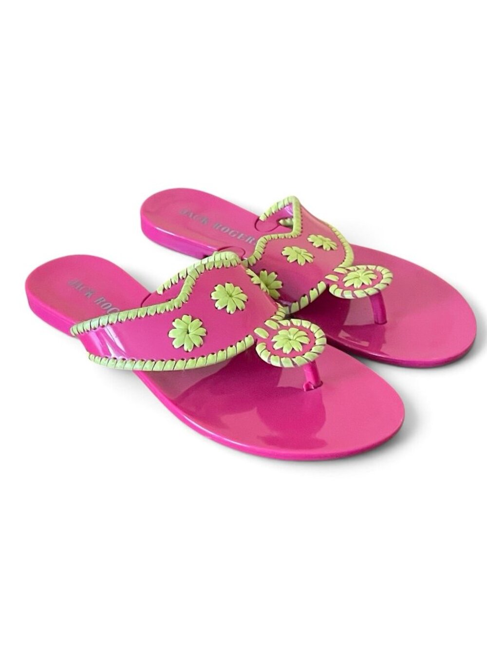 Jack Rogers Womens Jacks Jelly Sandals Sz 6 Pink Green Whipstitch Thong Preppy